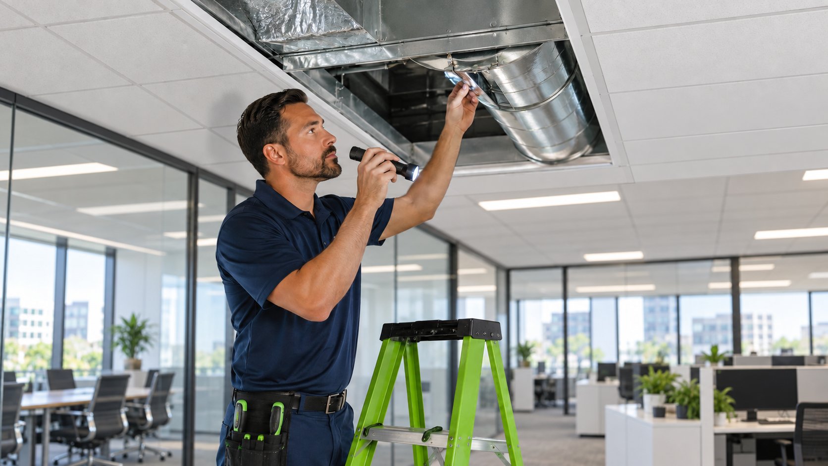 Technician on a ladder using a flashlight to inspect overhead commercial ductwork above an office ceiling in Naples, FL