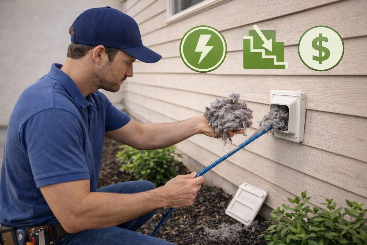Technician removing lint buildup from an exterior dryer vent cap, showing reduced energy use and lower costs from dryer vent cleaning in a Naples, FL home