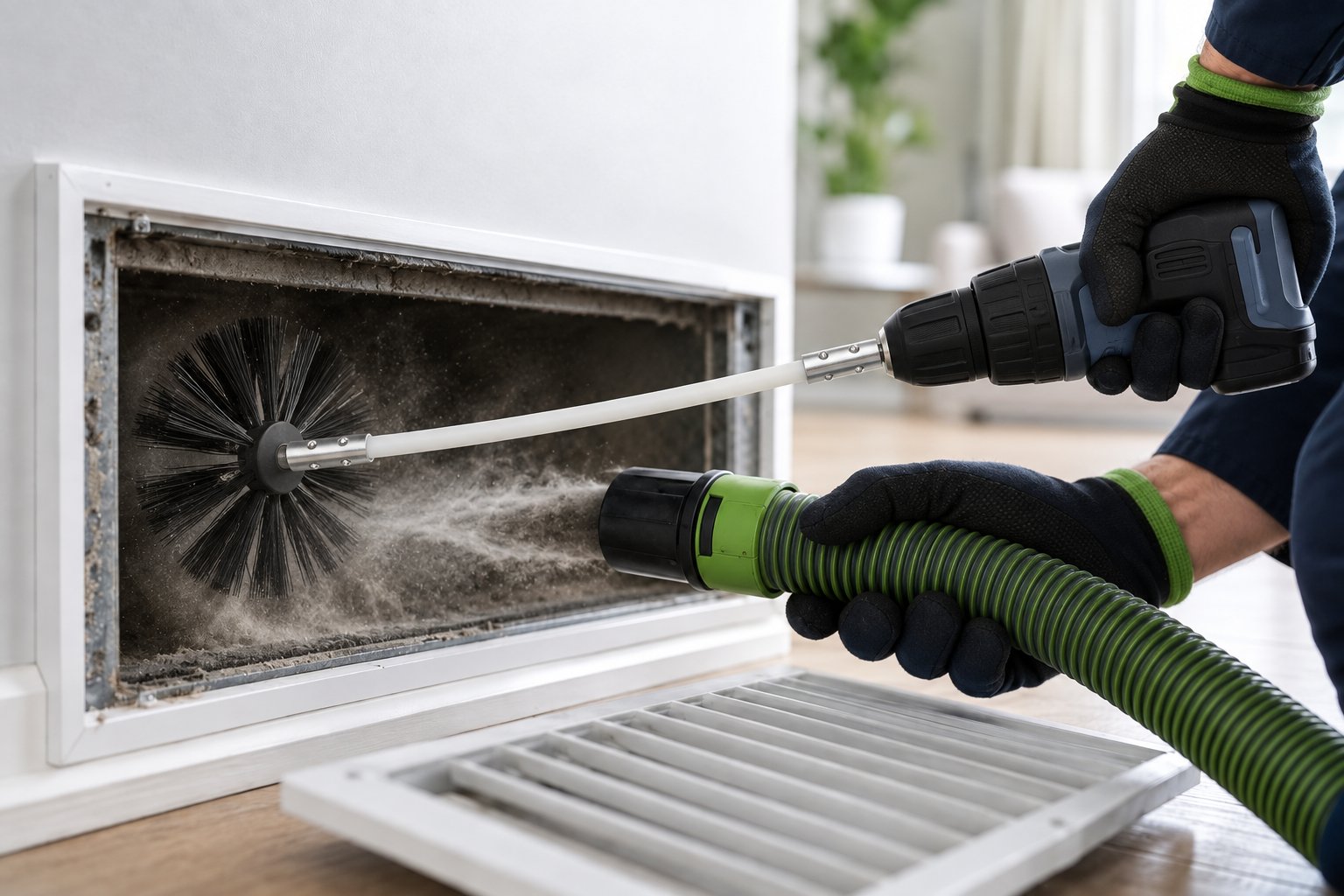 Technician using a rotary brush and vacuum hose to clean a residential air duct vent in a Naples, FL home
